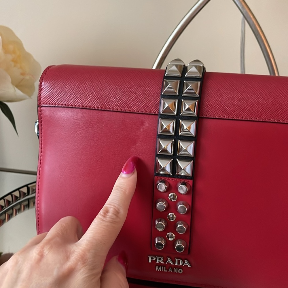 PRADA Elektra Shoulder Crossbody Bag Studded Red/Black Leather - Picture 7 of 14